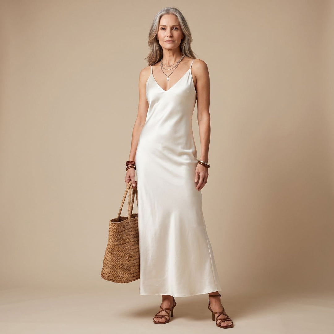 Women's Silky Satin Maxi Slip Dress V-Neck Fluid Cut