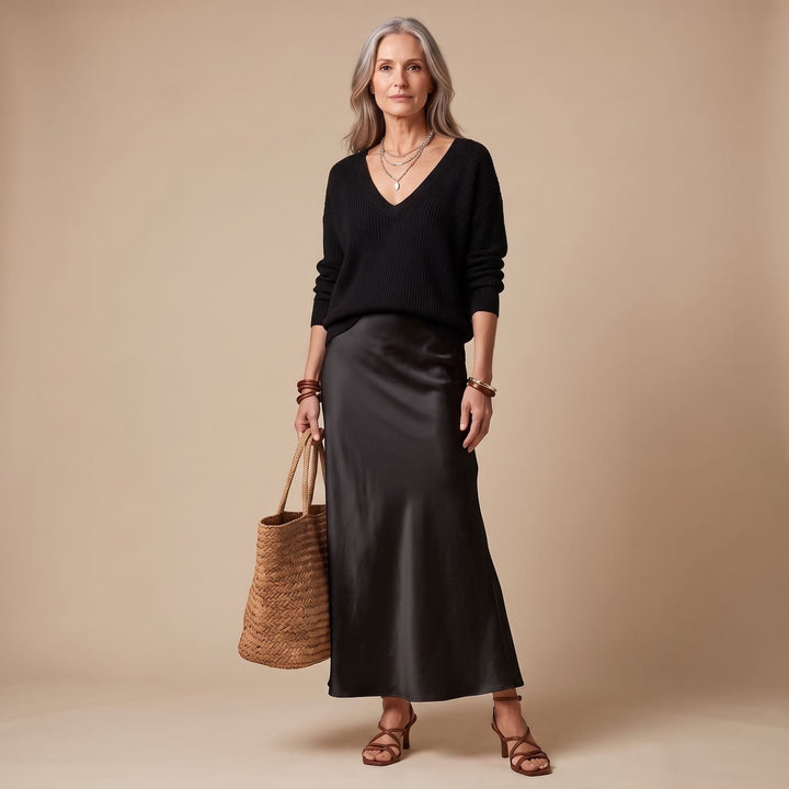 Women's Silky Satin Maxi Slip Dress V-Neck Fluid Cut - Black