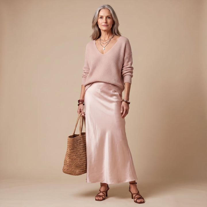 Women's Silky Satin Maxi Slip Dress V-Neck Fluid Cut - Pink