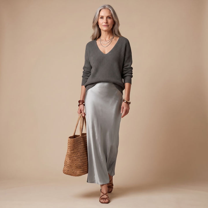 Women's Silky Satin Maxi Slip Dress V-Neck Fluid Cut - Gray