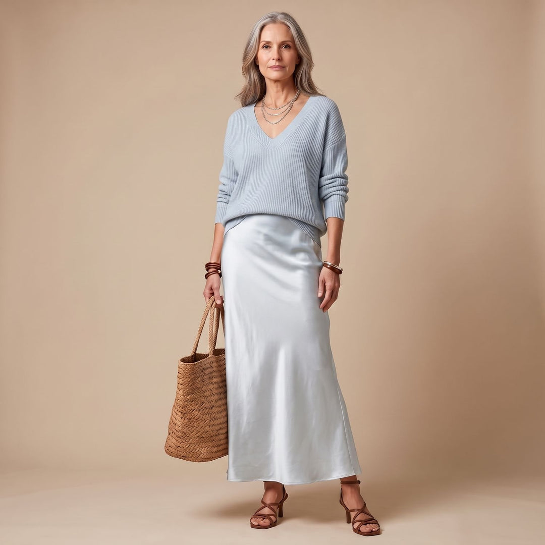 Women's Silky Satin Maxi Slip Dress V-Neck Fluid Cut - Sky Blue