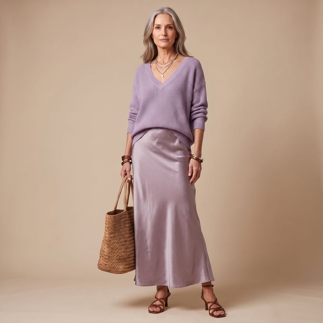 Women's Silky Satin Maxi Slip Dress V-Neck Fluid Cut - Lavender