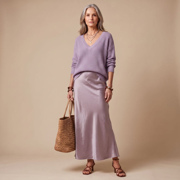 Women's Silky Satin Maxi Slip Dress V-Neck Fluid Cut - Lavender