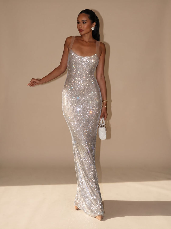 Women's Silver Maxi Sequin Dress Square-Neck Spaghetti Strap
