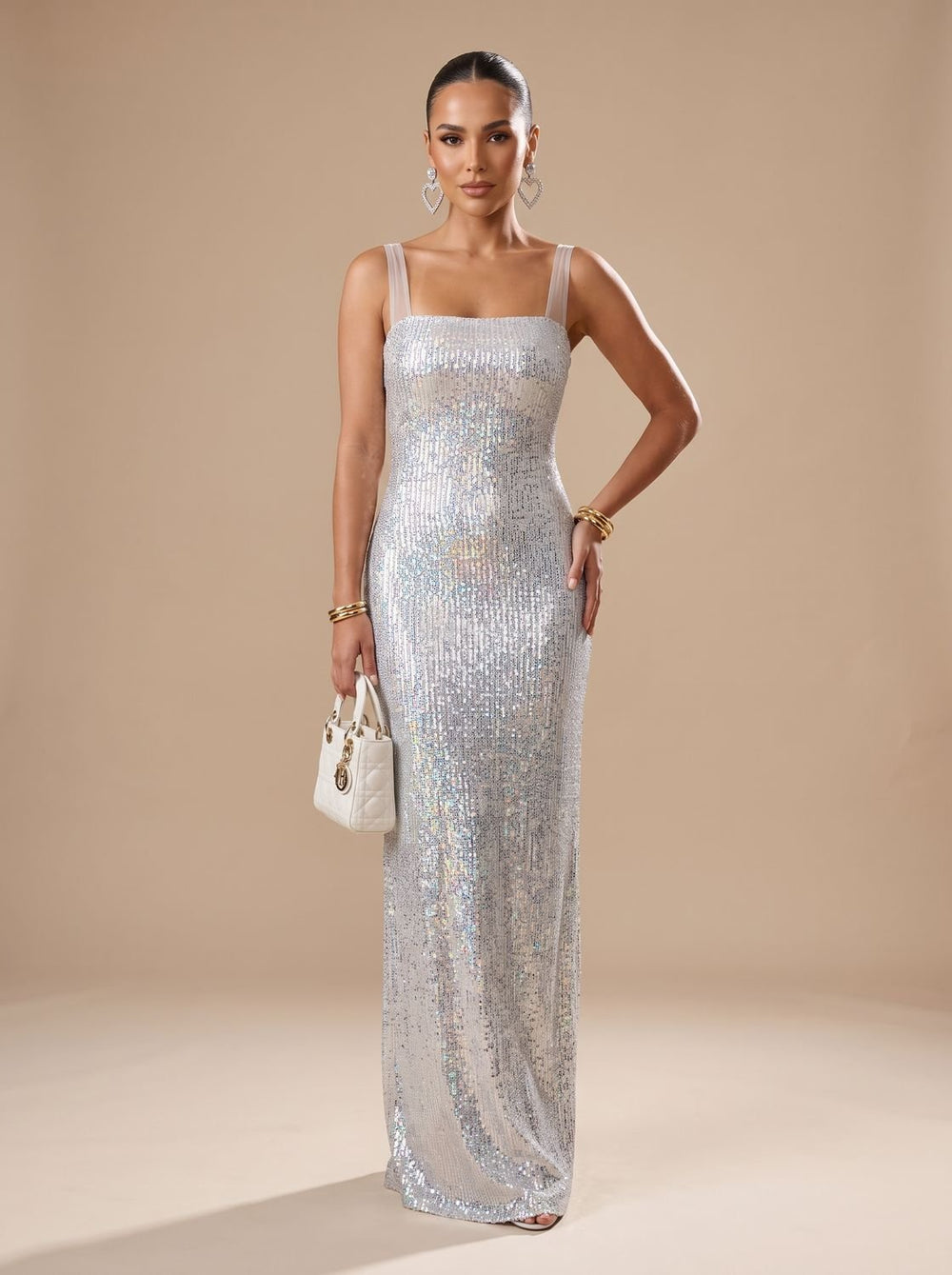 Women's Silver Maxi Sequin Dress Square-Neck Spaghetti Strap