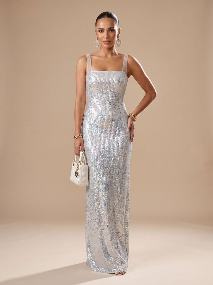 Women's Silver Maxi Sequin Dress Square-Neck Spaghetti Strap