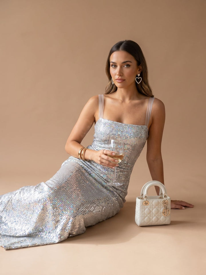 Women's Silver Maxi Sequin Dress Square-Neck Spaghetti Strap - Silver