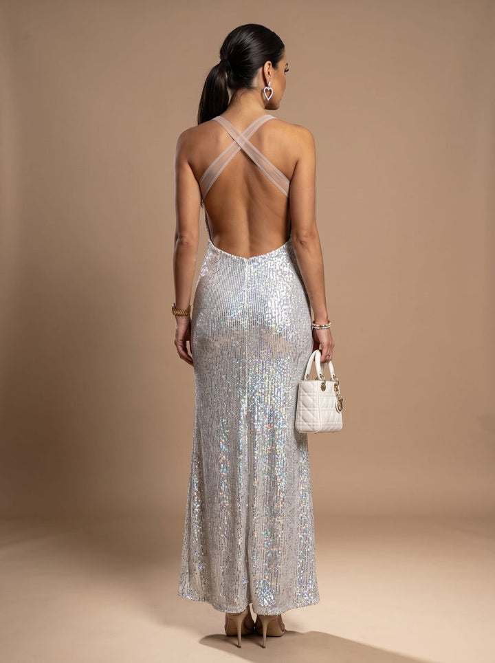 Women's Silver Maxi Sequin Dress Square-Neck Spaghetti Strap