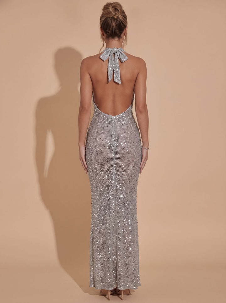Women's Silver Sequin Maxi Dress Halter V-Neck Bodycon Gown