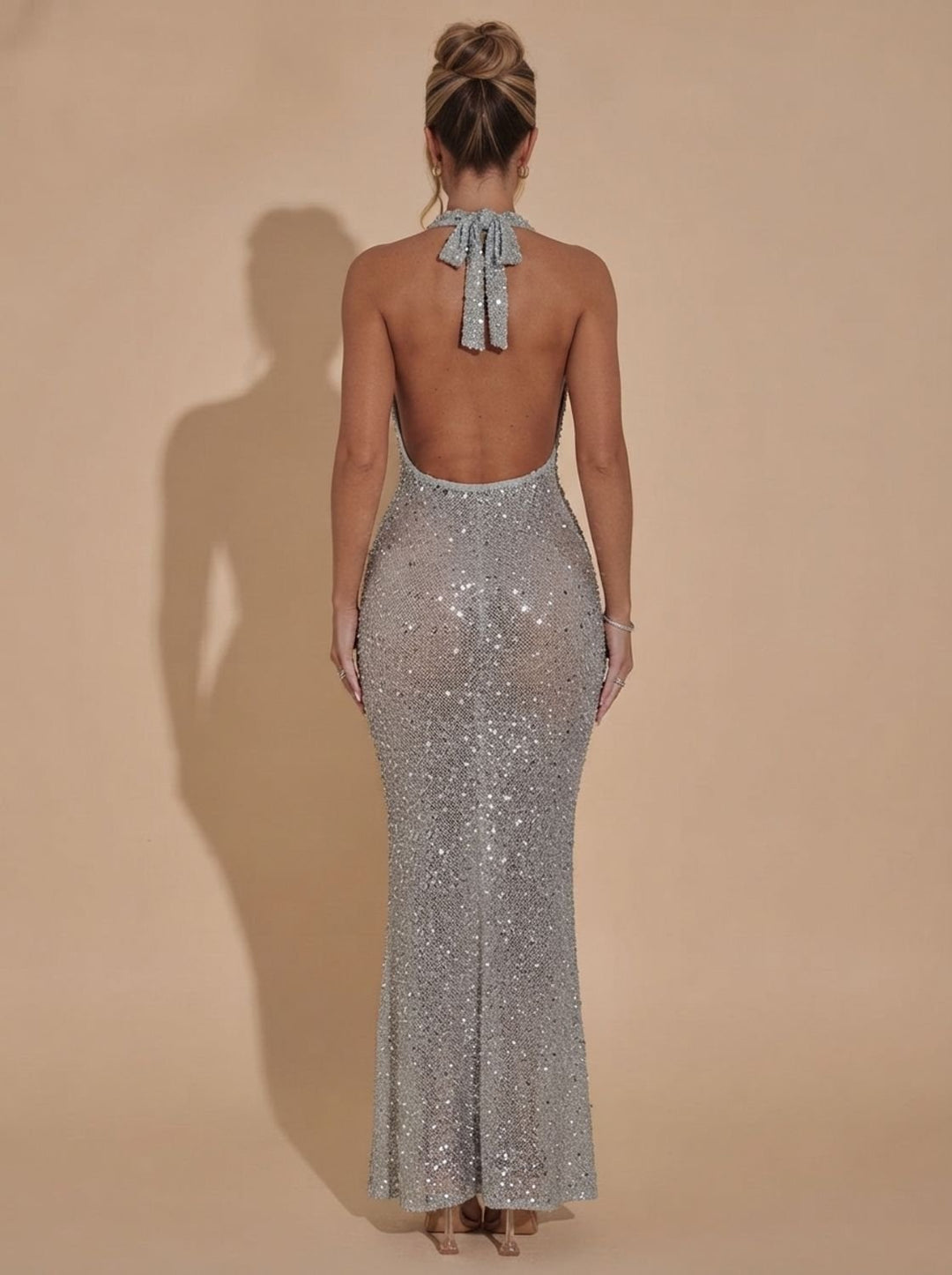 Women's Silver Sequin Maxi Dress Halter V-Neck Bodycon Gown