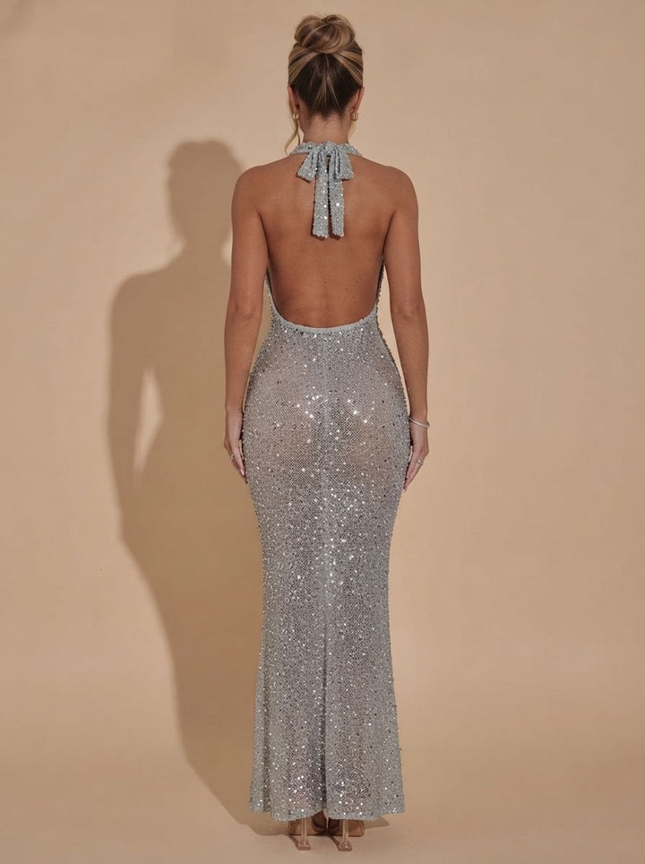 Women's Silver Sequin Maxi Dress Halter V-Neck Bodycon Gown