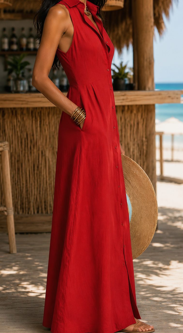 Women's Sleeveless Button-Down Linen Maxi Beach Dress