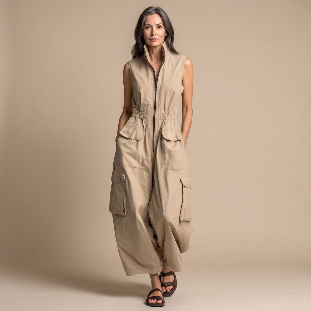 Women's Sleeveless Cargo Utility Zip-Up Jumpsuit - Beige