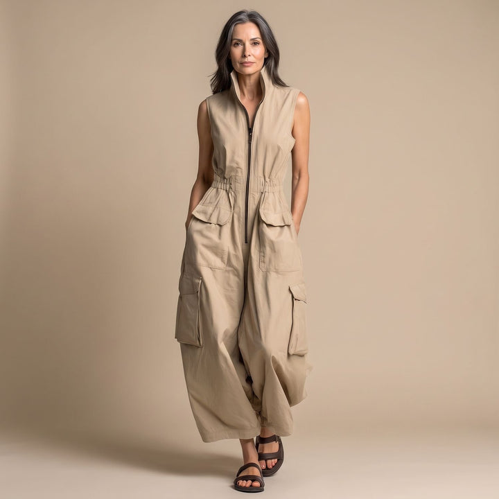 Women's Sleeveless Cargo Utility Zip-Up Jumpsuit - Beige