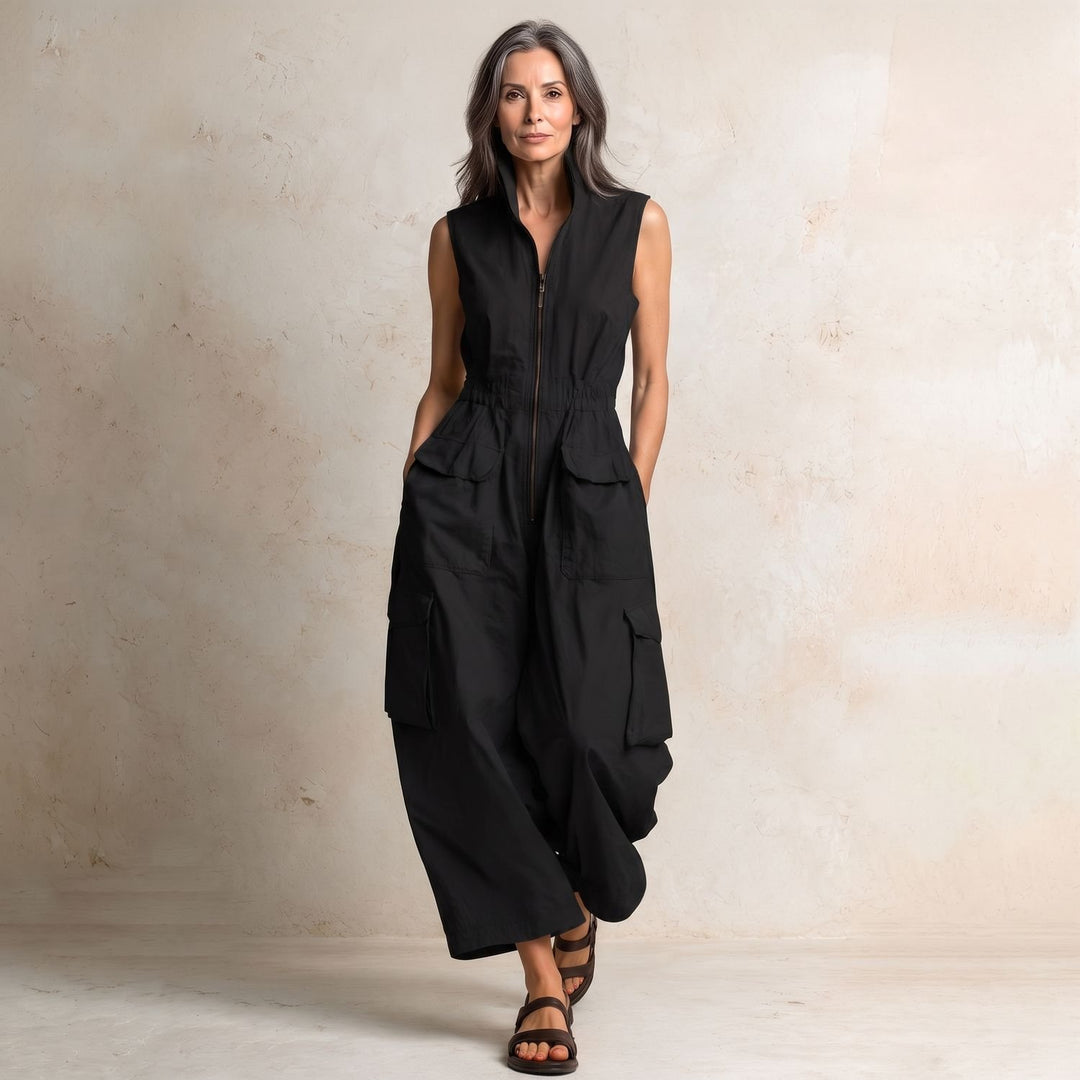 Women's Sleeveless Cargo Utility Zip-Up Jumpsuit - Black