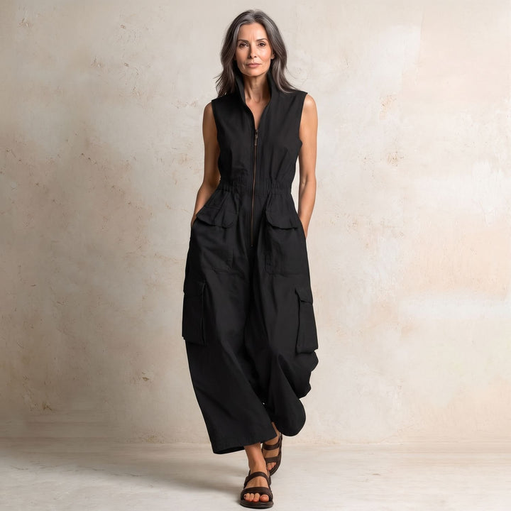 Women's Sleeveless Cargo Utility Zip-Up Jumpsuit - Black