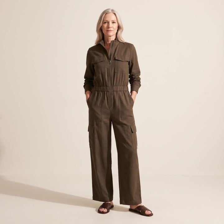 Women's Sleeveless Cargo Utility Zip-Up Jumpsuit - Brown