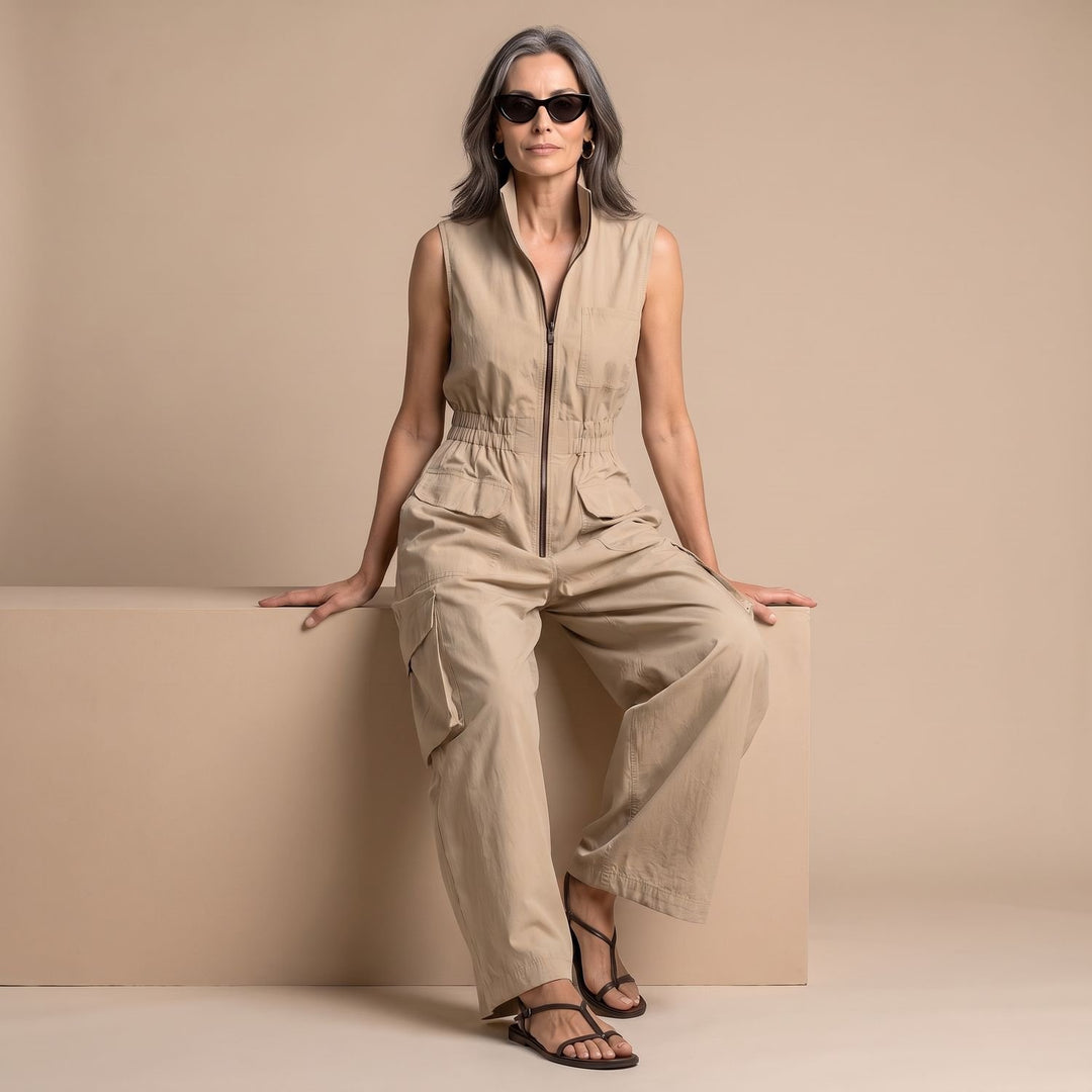 Women's Sleeveless Cargo Utility Zip-Up Jumpsuit