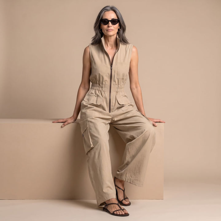 Women's Sleeveless Cargo Utility Zip-Up Jumpsuit