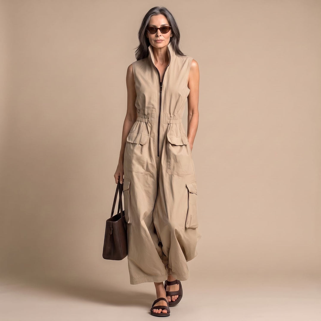 Women's Sleeveless Cargo Utility Zip-Up Jumpsuit