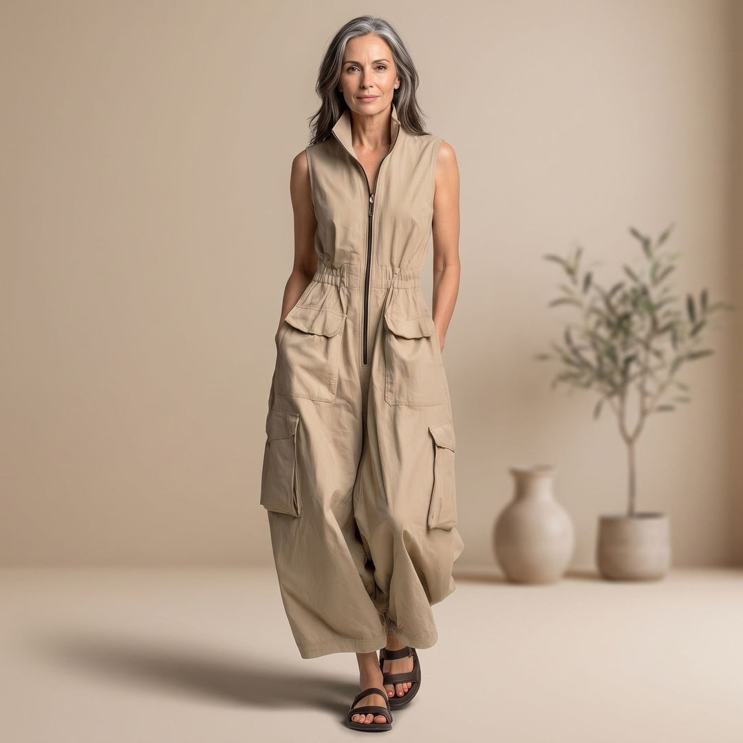 Women's Sleeveless Cargo Utility Zip-Up Jumpsuit, Beige - Beige