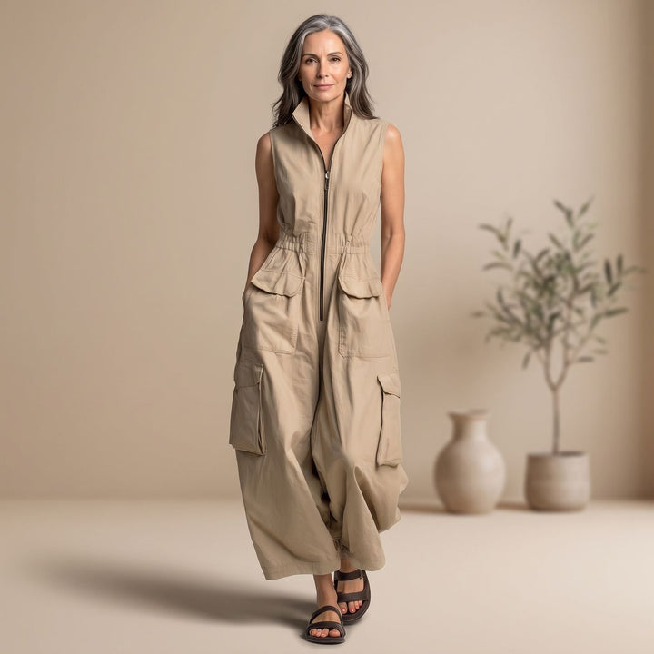 Women's Sleeveless Cargo Utility Zip-Up Jumpsuit, Beige - Beige