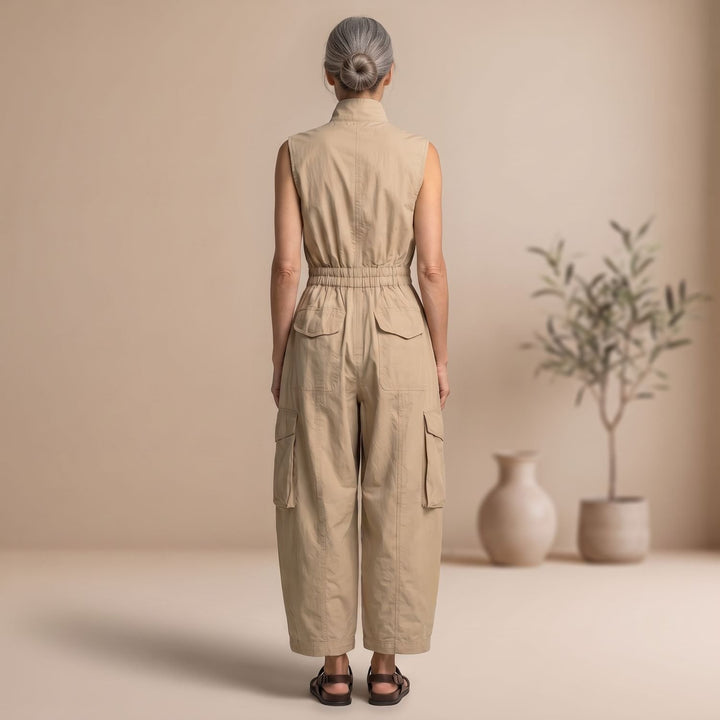 Women's Sleeveless Cargo Utility Zip-Up Jumpsuit, Beige