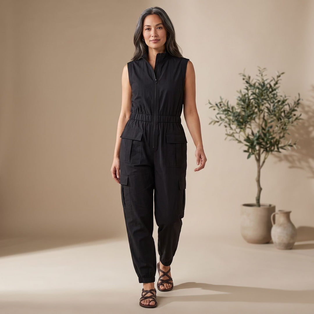 Women's Sleeveless Cargo Utility Zip-Up Jumpsuit, Beige - Black