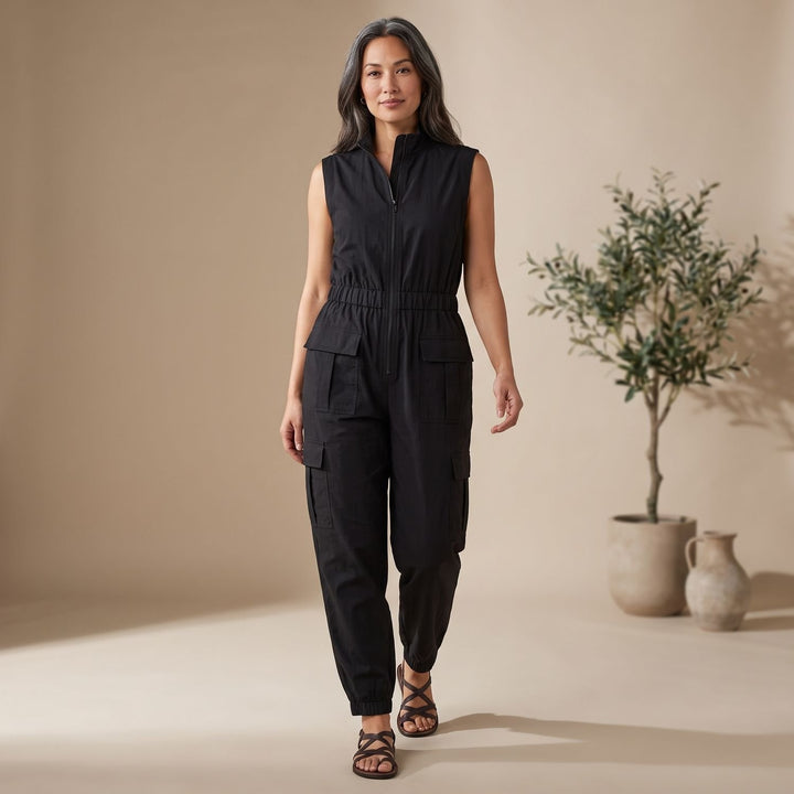 Women's Sleeveless Cargo Utility Zip-Up Jumpsuit, Beige - Black