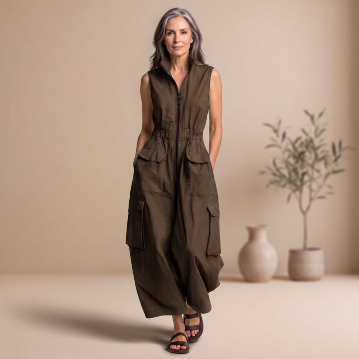 Women's Sleeveless Cargo Utility Zip-Up Jumpsuit, Beige - Brown