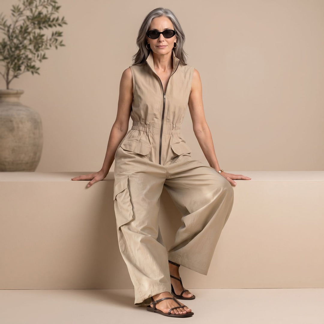 Women's Sleeveless Cargo Utility Zip-Up Jumpsuit, Beige