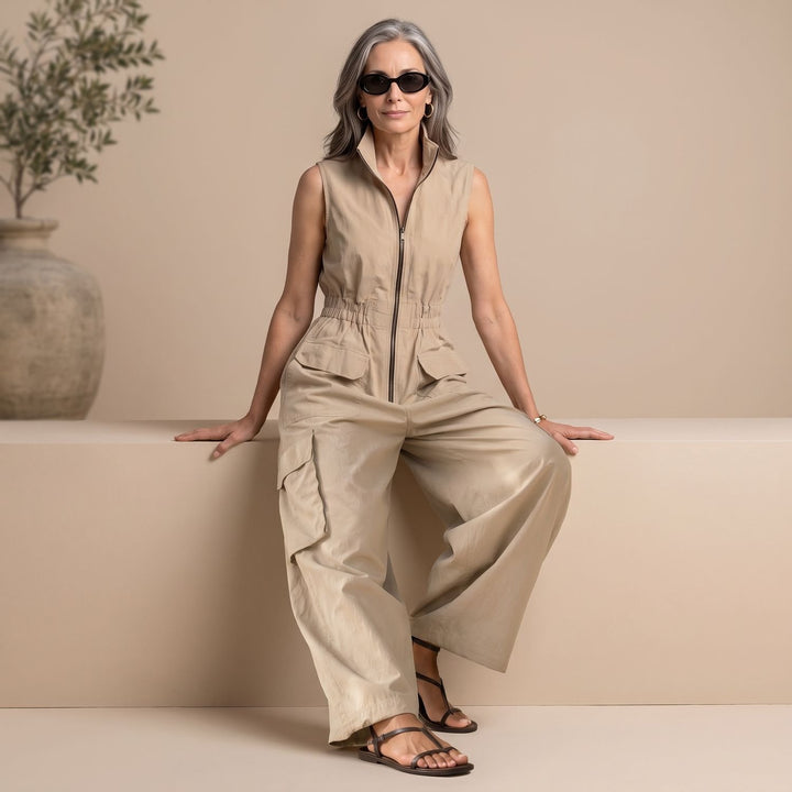 Women's Sleeveless Cargo Utility Zip-Up Jumpsuit, Beige