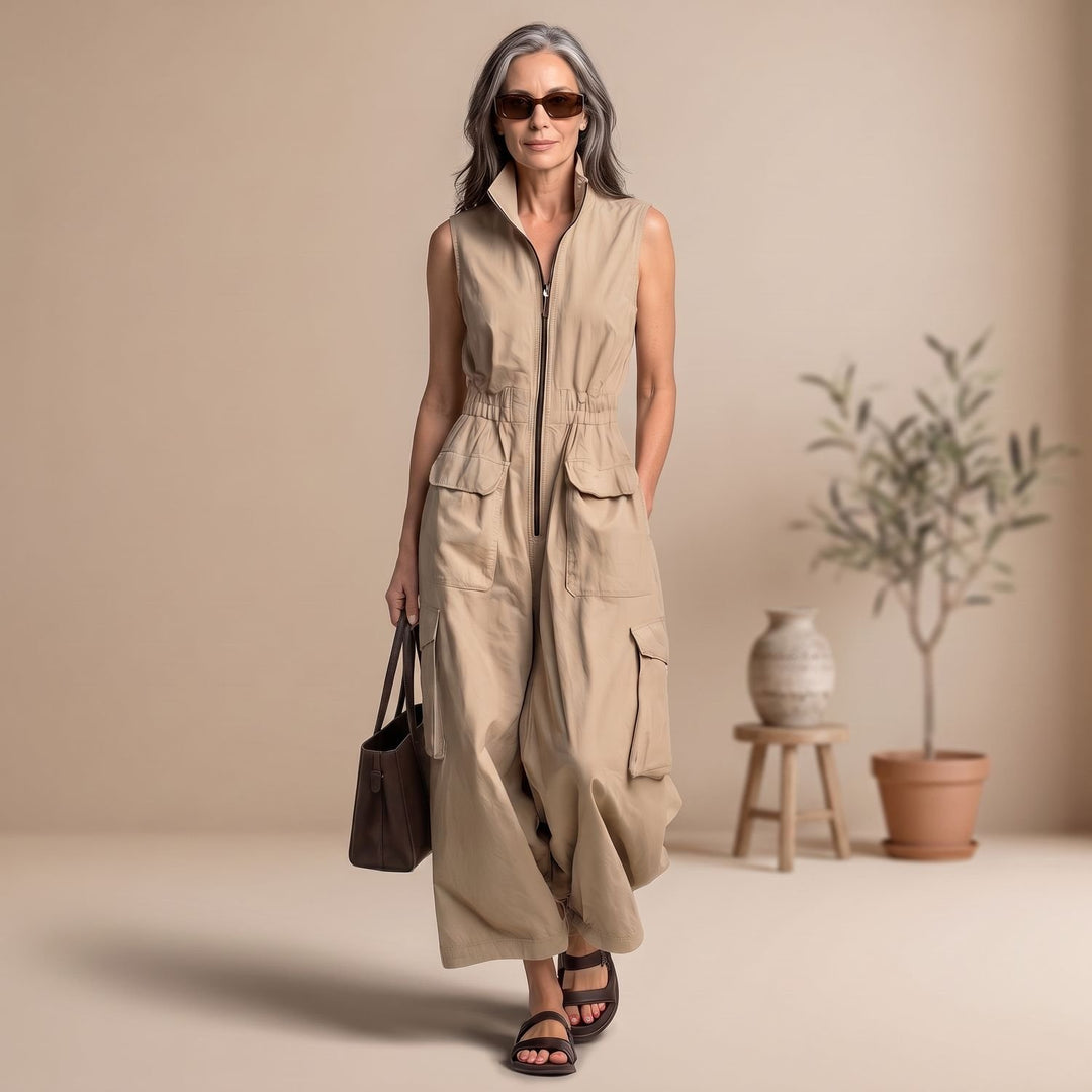 Women's Sleeveless Cargo Utility Zip-Up Jumpsuit, Beige