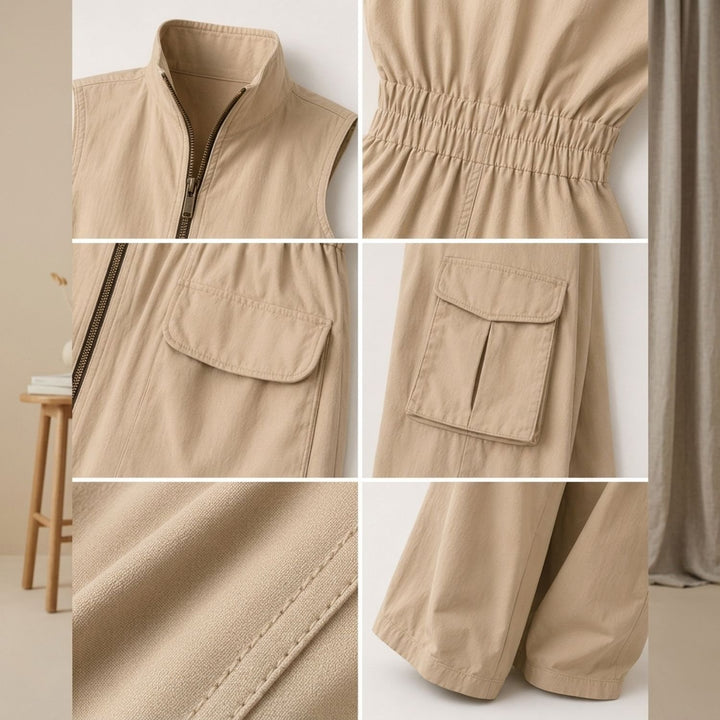 Women's Sleeveless Cargo Utility Zip-Up Jumpsuit, Beige