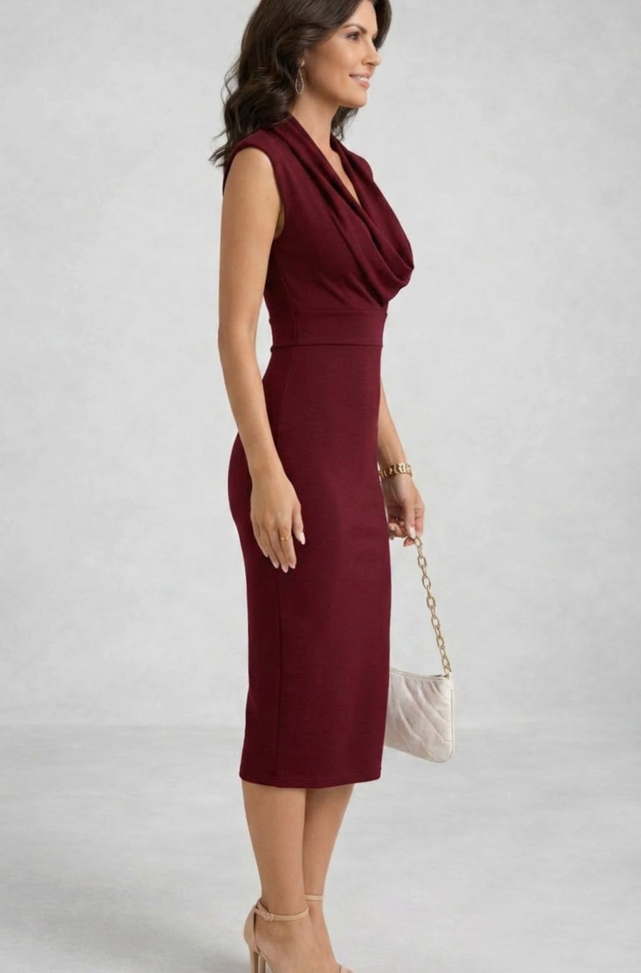 Women's Sleeveless Cowl V-Neck Body-Skimming Midi Dress