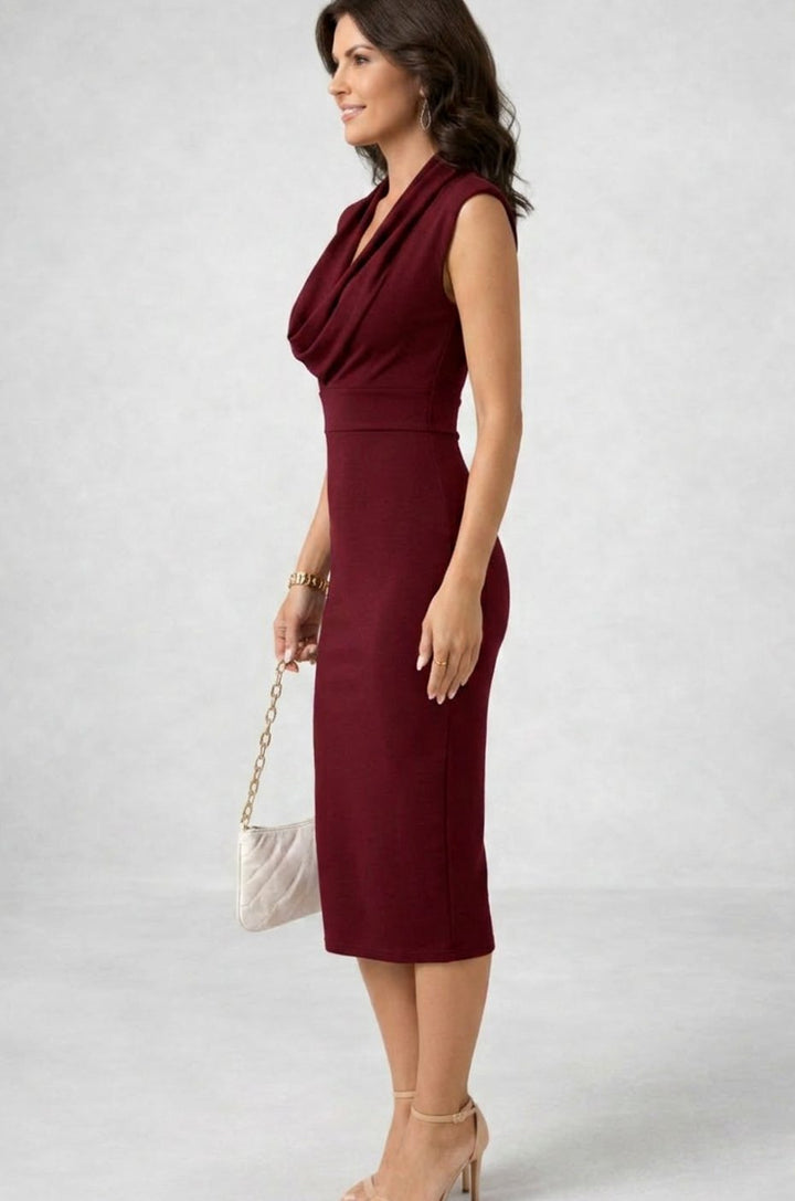 Women's Sleeveless Cowl V-Neck Body-Skimming Midi Dress