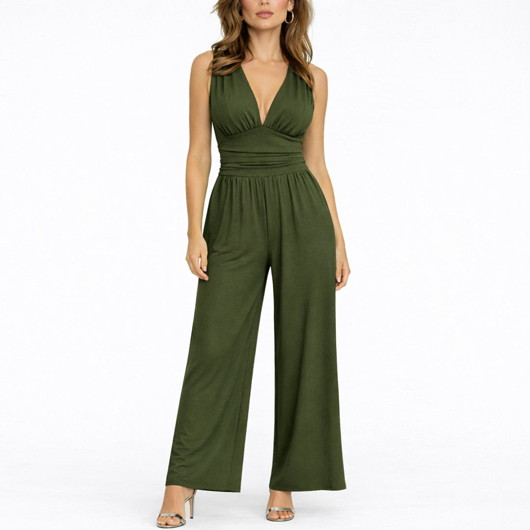 Women's Sleeveless Deep V-Neck High-Waist Wide-Leg Jumpsuit - Dark Green