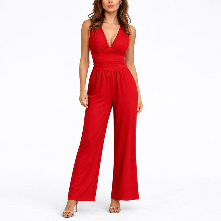 Women's Sleeveless Deep V-Neck High-Waist Wide-Leg Jumpsuit - Red
