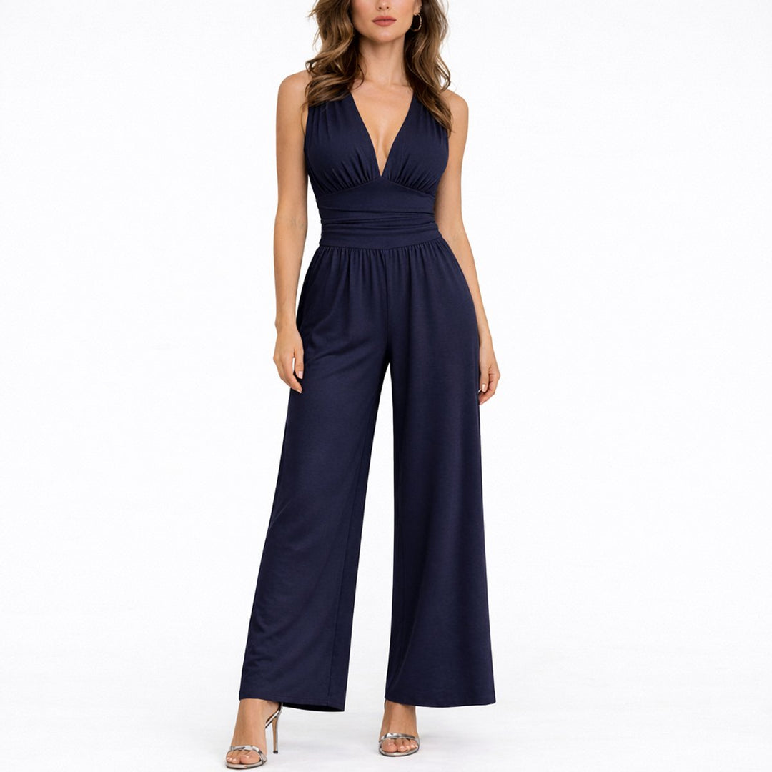Women's Sleeveless Deep V-Neck High-Waist Wide-Leg Jumpsuit - Navy