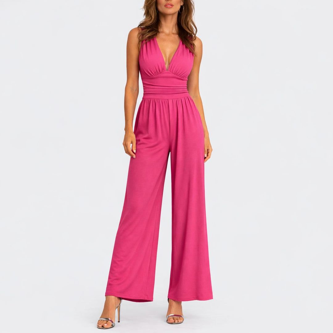 Women's Sleeveless Deep V-Neck High-Waist Wide-Leg Jumpsuit - Pink