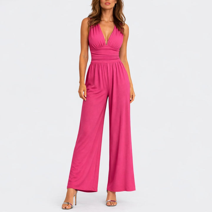 Women's Sleeveless Deep V-Neck High-Waist Wide-Leg Jumpsuit - Pink