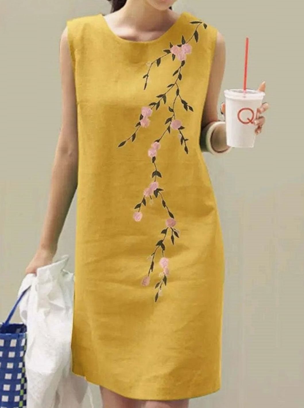 Women's Sleeveless Floral Embroidered Cotton Shift Dress