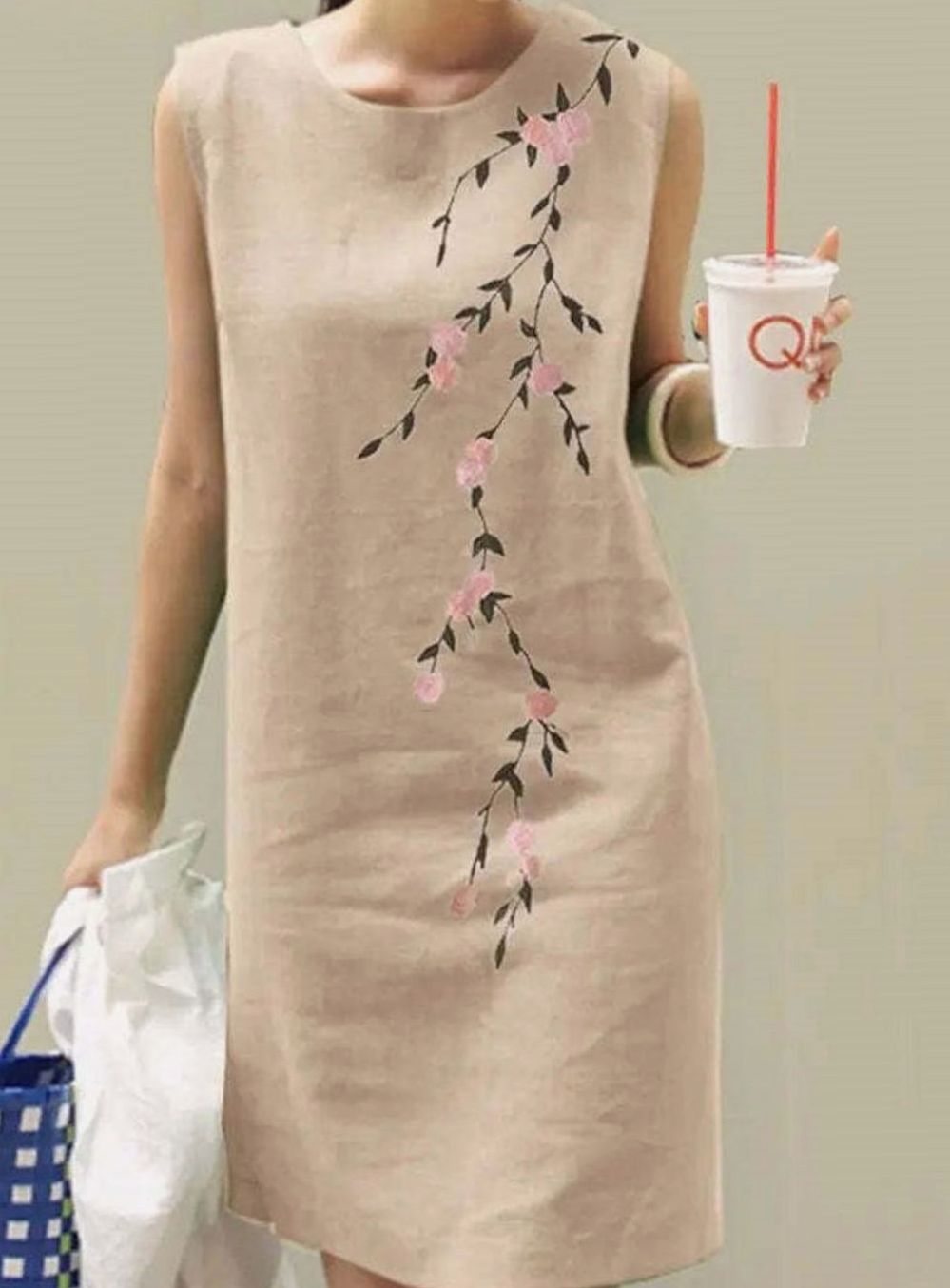 Women's Sleeveless Floral Embroidered Cotton Shift Dress