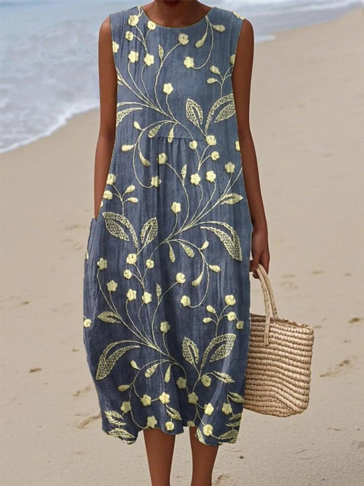 Women's Sleeveless Floral Print Relaxed-Fit Midi Dress - Blue