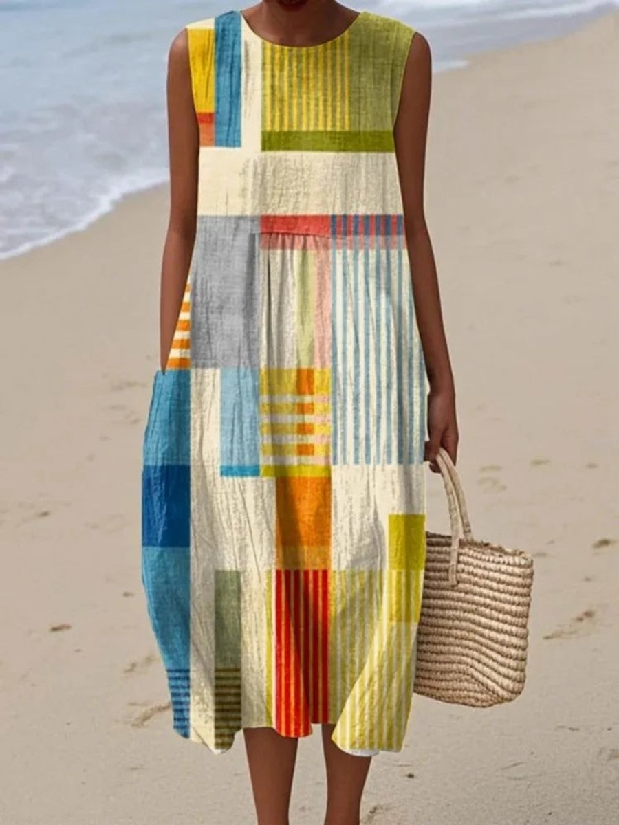 Women's Sleeveless Geometric Print Flowy Midi Dress - Yellow