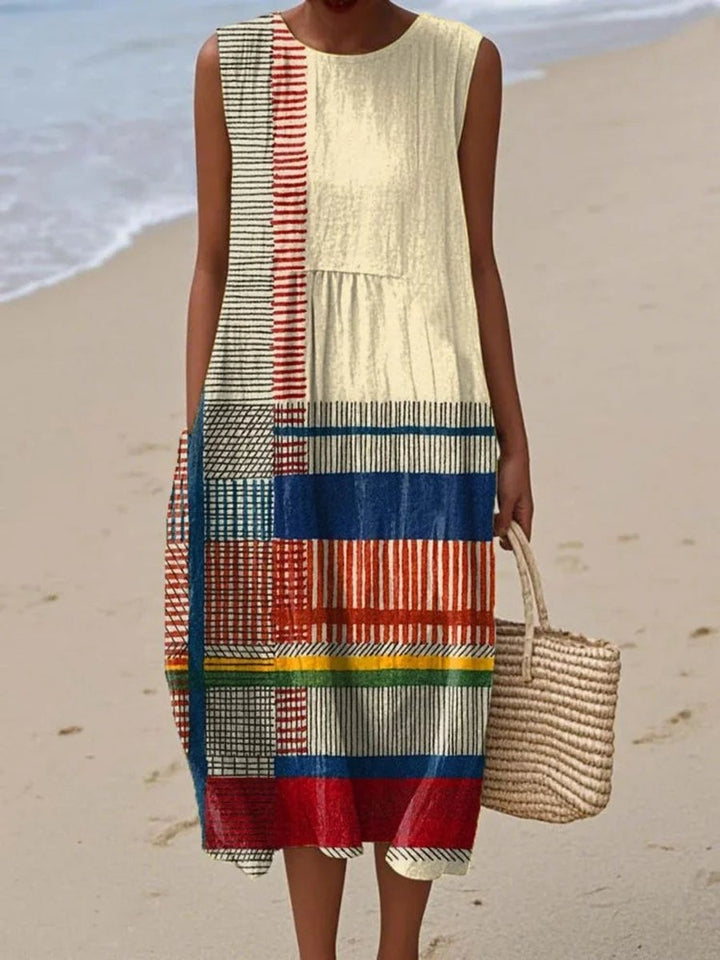 Women's Sleeveless Geometric Print Flowy Midi Dress - Beige