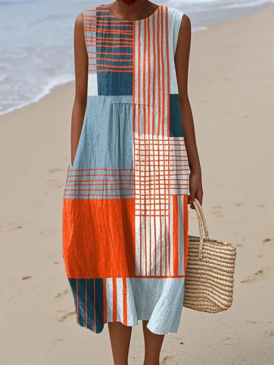 Women's Sleeveless Geometric Print Flowy Midi Dress - Orange