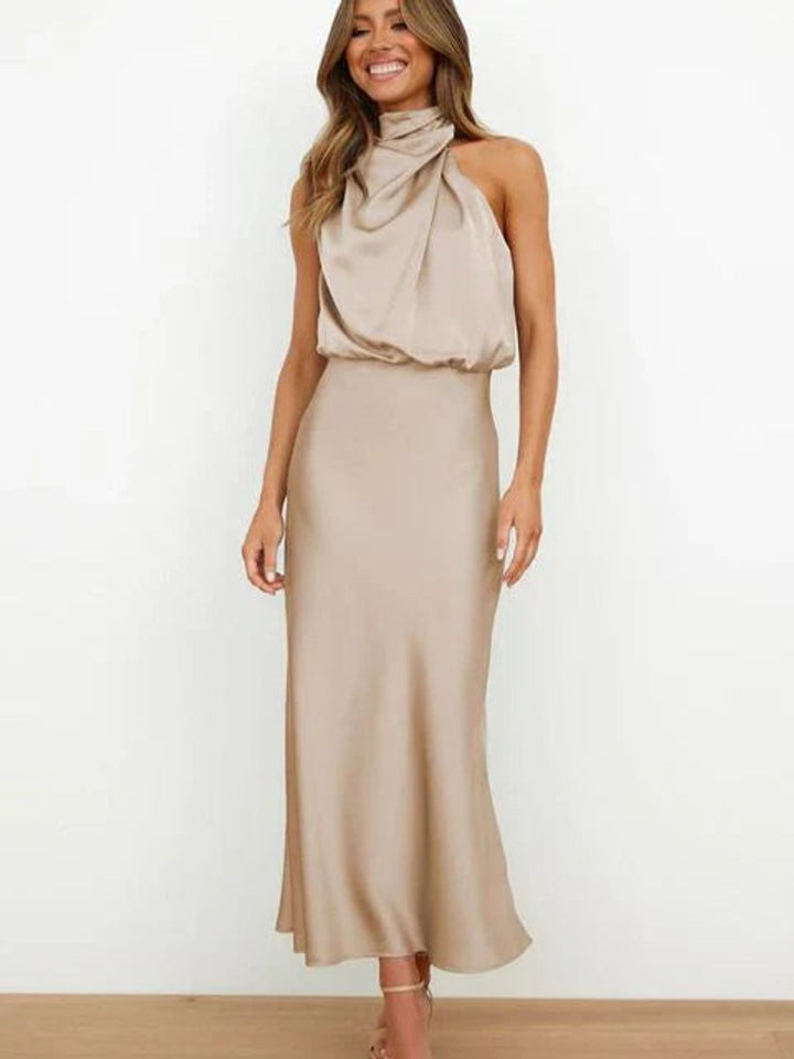 Women's Sleeveless Halter-Neck Satin Midi Cocktail Party Dress - Beige