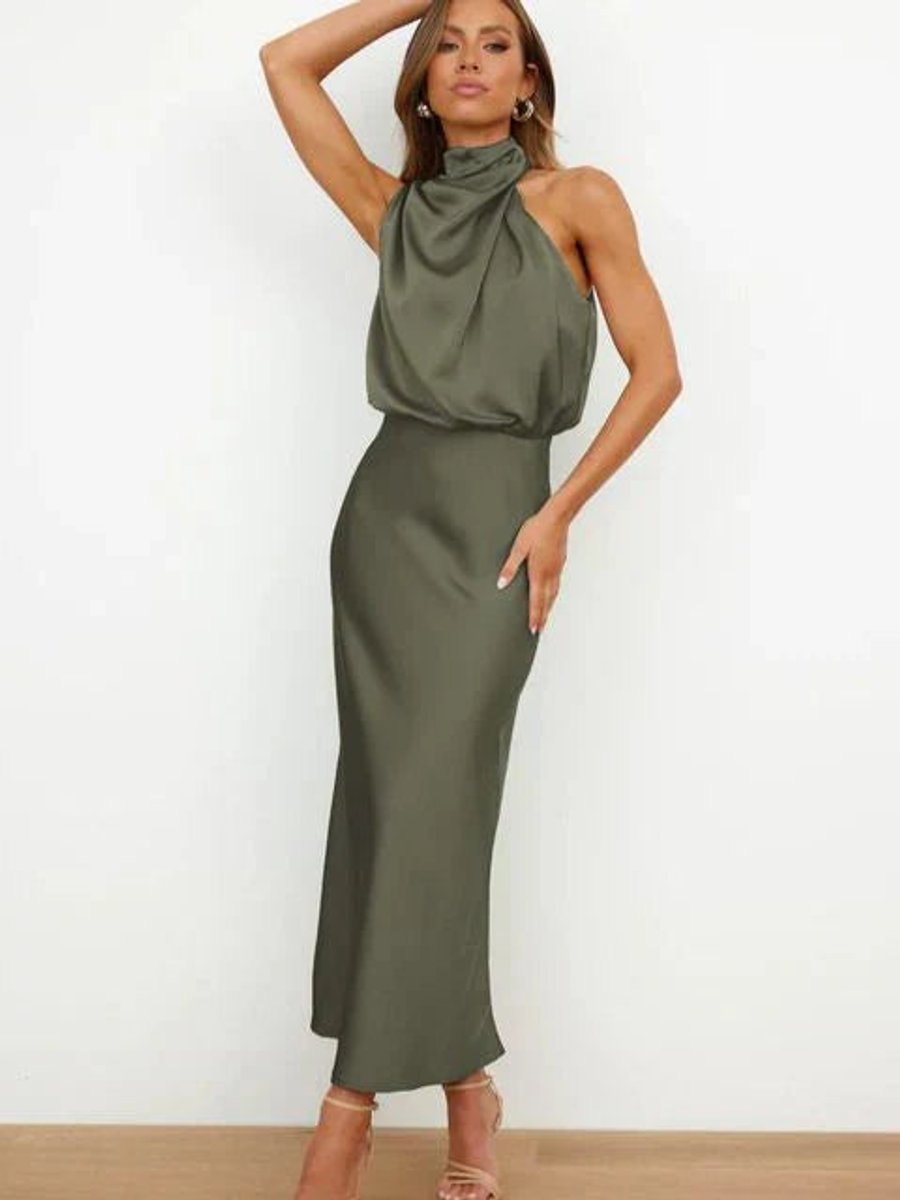 Women's Sleeveless Halter-Neck Satin Midi Cocktail Party Dress - Green