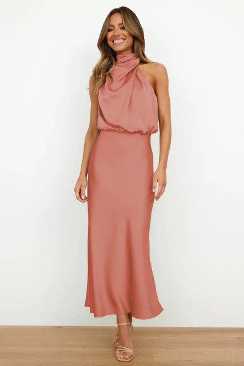 Women's Sleeveless Halter-Neck Satin Midi Cocktail Party Dress - Pink